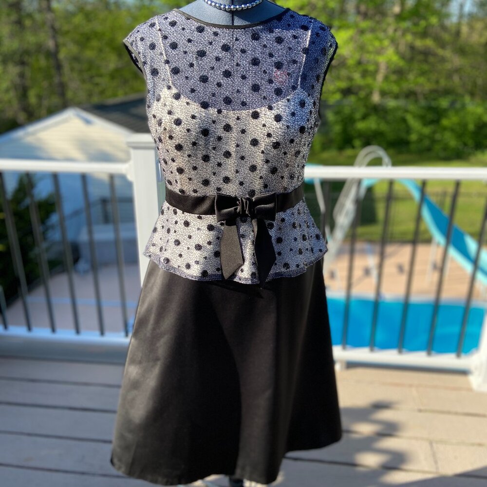 Cocktail/Evening peplum dress with sequin polka dots on bodice sz14.